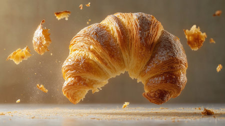 A freshly baked croissant gracefully breaks apart in mid-air, showcasing its flaky layers and golden crust. Perfect for food lovers and culinary enthusiasts.の素材