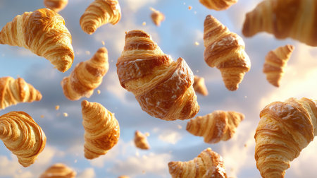Experience the delightful view of freshly baked croissants floating in a bright sky. Perfect for food enthusiasts or bakery promotions.の素材