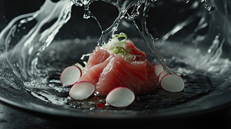 An artistic arrangement of fresh tuna sashimi elegantly displayed on a plate, featuring a striking water splash effect that enhances its visual appeal.の素材