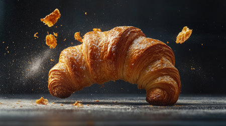A freshly baked croissant captured in stunning slow motion as it falls, showcasing its flaky texture and crispy exterior. Perfect for food lovers.の素材