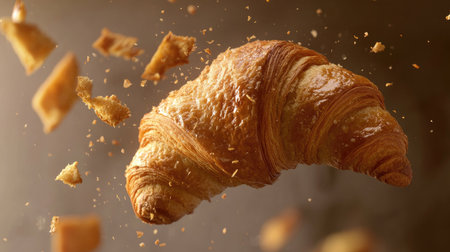 A stunning close-up of a croissant mid-air, showcasing its flaky texture and golden color, perfect for food lovers and culinary enthusiasts alike.の素材