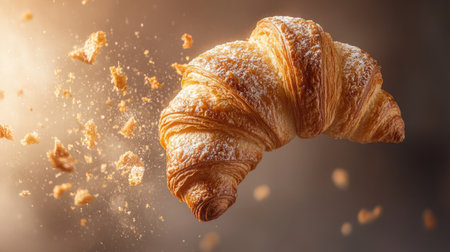 A beautifully captured flaky croissant floating amidst a shower of crispy pastry crumbs, showcasing its golden texture and an inviting, appetizing presence.の素材