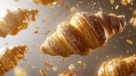 Experience the beauty of fresh croissants in a dynamic shot, highlighting their flaky texture and golden layers, perfect for food enthusiasts and bakers.の素材