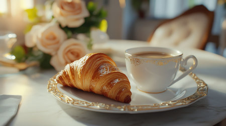 A warm croissant paired with a cup of fresh coffee on an elegant table, adorned with beautiful flowers, creating a perfect morning ambiance.の素材