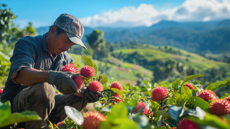 A farmer carefully plants rambutan trees in a vibrant landscape, showcasing the beauty of agriculture. Lush mountains serve as a backdrop to this serene outdoor scene.の素材
