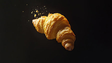 A stunning image of a freshly baked croissant falling from above, showcasing its flaky layers and golden color against a dark background, perfect for food art.の素材