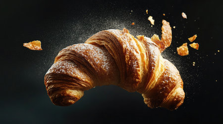 A freshly baked croissant falling in slow motion, capturing the delicate layers and crumbs, offering an appetizing view for food lovers and culinary enthusiasts.の素材