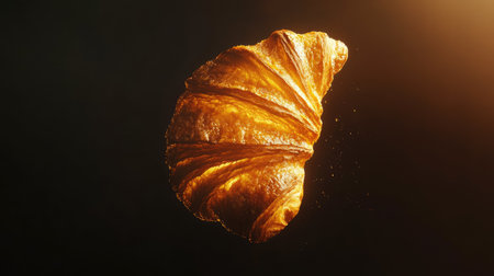 A beautifully crafted image of a freshly baked croissant falling gracefully in dramatic lighting. This visually stunning photo captures the flaky texture and golden color, perfect for food enthusiasts and culinary art.の素材