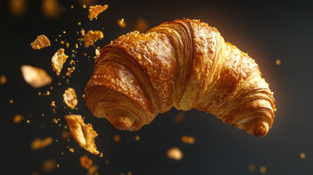 A stunning image of a freshly baked croissant flying through the air, showcasing its flaky texture and golden color, perfect for food enthusiasts and culinary artists.の素材