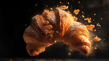 A freshly baked croissant, perfectly golden and flaky, captures the essence of autumn with its inviting warmth and rich texture, ideal for breakfast or a cozy snack.の素材