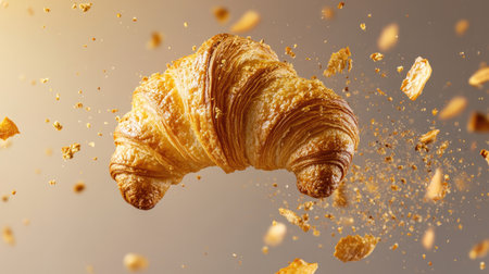 A beautifully captured freshly baked croissant soaring through the air, showcasing its flaky texture and golden color. Ideal for culinary and food photography themes.の素材