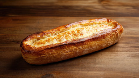 A freshly baked homemade tartine loaf showcasing a golden crust, placed on a rustic wooden surface. Ideal for culinary, baking, and food photography.の素材