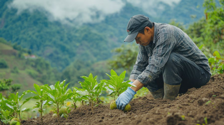 A dedicated gardener works in a lush mountain landscape, tending to young plants in rich soil. This inspiring scene captures the essence of sustainable farming in nature.の素材