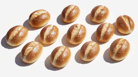 A beautiful arrangement of freshly baked bread loaves on a light background, showcasing their golden crust and delightful texture, perfect for culinary displays.の素材