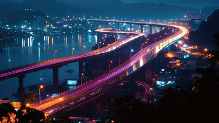 A picturesque night view of a Thai highway intersection, featuring vibrant lights and reflections over water, surrounded by urban landscapes and palm trees.の素材