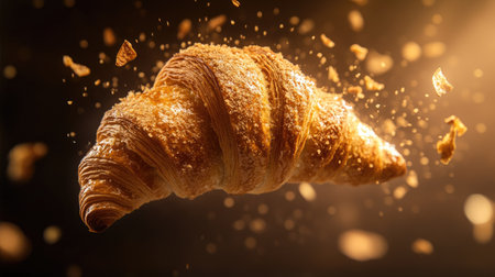 A stunning image of a golden croissant floating gracefully in the air, capturing the flaky texture and inviting shine, perfect for food photography enthusiasts.の素材