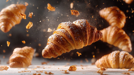 Experience the enchanting scene of magical croissants floating in a delightful atmosphere, showcasing their flaky texture and sweet essence, perfect for culinary inspiration.の素材