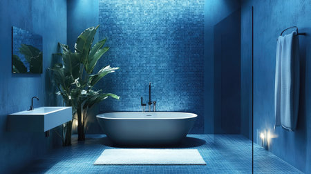 Discover a serene and luxurious blue bathroom interior featuring elegant tile work, a modern bathtub, and dの素材