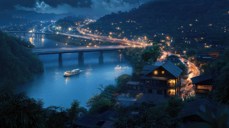 Serene view of a Thai riverfront at night, showcasing illuminated buildings, a gentle river, and vibrant reflections under a cloudy sky. Ideal for travel themes.の素材