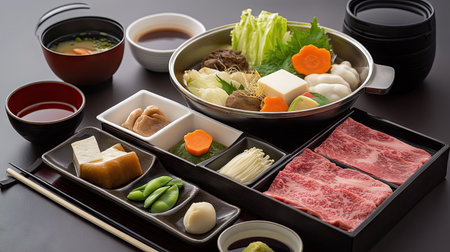 A delightful Japanese hotpot set featuring fresh vegetables, tender meat slices, and a flavorful broth. Perfect for a cozy dining experience with friends.の素材