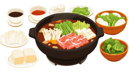 A vibrant presentation of a traditional Japanese shabu shabu hotpot set featuring fresh ingredients like beef, vegetables, and tofu, perfect for communal dining.の素材