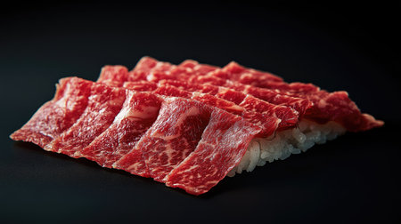 A luxurious presentation of thinly sliced wagyu sushi, showcasing the rich marbling and tenderness of the beef. Perfect for gourmet culinary experiences.の素材