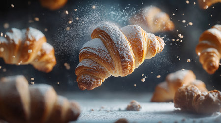 Experience the delightful sight of freshly baked croissants in a stunning scene. These golden pastries exude warmth and indulgence, making them irresistible.の素材