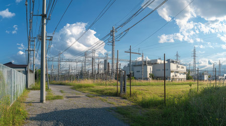 Captivating panoramic view of a power transformer site under a bright blue sky with fluffy clouds, highlighting the connection of energy infrastructure.の素材