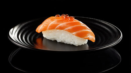 Experience the luxurious taste of salmon roe sushi on a sleek black plate, showcasing the art of Japanese cuisine in an elegant presentation. Perfect for seafood lovers.の素材