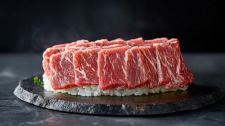 Experience a luxurious wagyu sushi piece presented on a sleek slate platter. This gourmet dish showcases beautiful marbling and exquisite visual appeal, perfect for fine dining.の素材