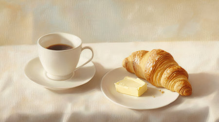 A serene morning scene featuring a warm croissant and a steaming cup of coffee, perfect for indulgence and relaxation during breakfast time.の素材