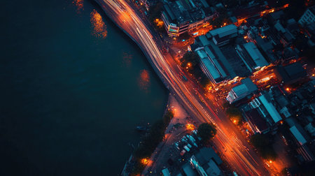 A stunning aerial view capturing the vibrant night scene by the Thai riverfront. The glow of city lights reflects on the water, creating a serene atmosphere.の素材