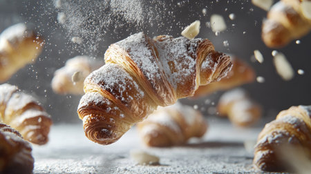 Experience the allure of a freshly baked croissant, beautifully dusted with flour. This image captures the essence of delectable pastries, perfect for food enthusiasts and chefs.の素材
