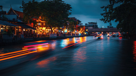 A bustling riverfront in Thailand comes alive at night, showcasing vibrant lights reflecting off the water while boats glide through the serene scene, inviting exploration and adventure.の素材