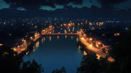 Capture a tranquil scene of a riverfront in Thailand, illuminated by evening lights. This serene landscape showcases natural beauty and a peaceful atmosphere, ideal for travel enthusiasts.の素材