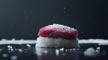 Discover a stunning minimalist shot of wagyu sushi, delicately placed on a black background. The artistry highlights the aesthetic appeal and fresh ingredients.の素材