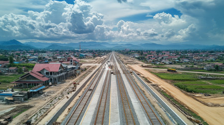 A stunning panoramic view showcasing the construction of the new Lao China railway, highlighting tracks, machinery, and the surrounding natural landscape.の素材