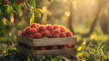 A stunning scene featuring a wooden crate filled with fresh rambutan fruits in a picturesque orchard during sunset, showcasing the beauty of nature.の素材