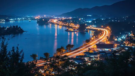 Experience the stunning nighttime view of a winding highway illuminated by city lights alongside a serene river and mountains. A perfect urban landscape.の素材