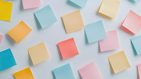 A vibrant arrangement of colorful sticky notes on a clean white background, perfect for conveying ideas, reminders, or organizational themes in a creative workspace.の素材