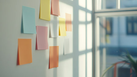 A bright and inviting workspace featuring colorful sticky notes on a wall, creating an aesthetic and organized environment perfect for inspiration and creativity.の素材