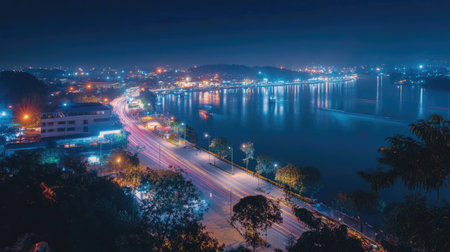 A stunning night view of a riverfront intersection along a highway, showcasing vibrant city lights and peaceful water reflections. Ideal for travel themes.の素材