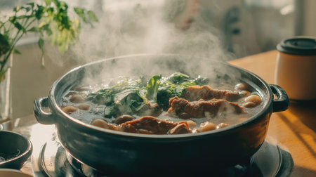 A steaming Japanese hotpot filled with fresh ingredients and herbs, offering a warm and inviting dining experience perfect for sharing with loved ones.の素材