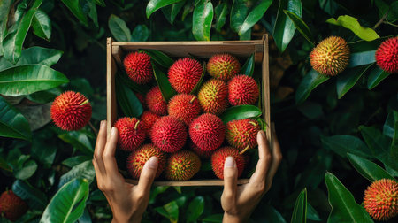 A beautiful scene featuring hands holding a wooden basket filled with fresh rambutan fruits, surrounded by lush tropical greenery, showcasing nature's bounty.の素材