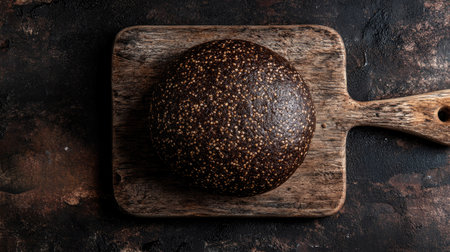 A fresh dark buckwheat loaf resting on a rustic wooden cutting board. This artisanal bread showcases its unique texture and rich color, perfect for any meal.の素材