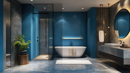 Discover a modern blue bathroom featuring spacious design, stylish fixtures, and a serene ambiance perfect for relaxation and comfort in your home.の素材