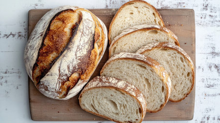 A top down view of freshly sliced bread on a wooden board. Perfect for culinary displays or food-related projects, showcasing the inviting texture and crust.の素材