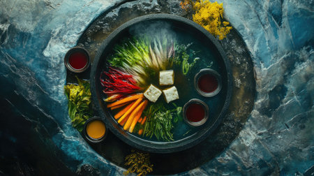 A stunning overhead view of traditional Japanese hot pot ingredients, featuring vibrant vegetables and colorful broths, perfect for a cozy dining experience.の素材