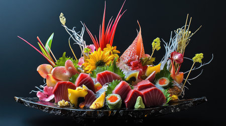 A vibrant and artistic tuna sashimi presentation featuring fresh seafood arranged elegantly with colorful garnishes and flowers, perfect for gourmet dining.の素材