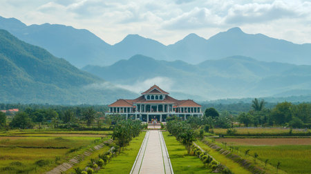 A serene modern building set against a tranquil landscape in Laos, surrounded by lush greenery and majestic mountains, perfect for travelers seeking beauty.の素材